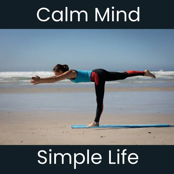 Composition Calm Mind Simple Life Text Caucasian Woman Practicing Yoga — Stock Photo, Image