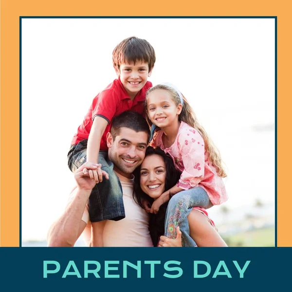 Parents Day Text Happy Caucasian Parents Carrying Son Daughter Shoulders — Stock Photo, Image