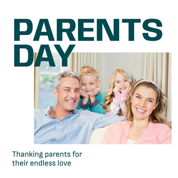Parents Day Text White Portrait Happy Caucasian Parents Son Daughter — Stock Photo, Image