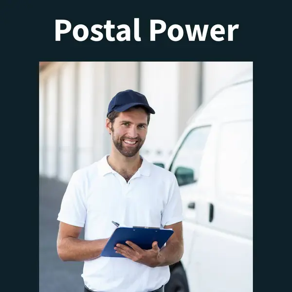 Composição Texto Poder Postal Sobre Homem Entrega Caucasiano Feliz Com — Fotografia de Stock