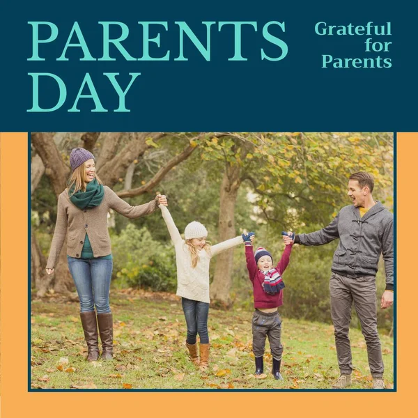 Parents Day Grateful Parents Text Happy Caucasian Parents Children Walking — Stock Photo, Image