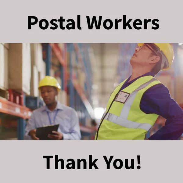 Composition of postal workers thank you text over happy asian warehouse worker. National postal worker day, shipping, delivering and postal services concept digitally generated image.