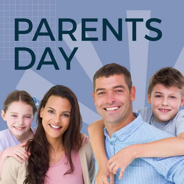 Parents Day Text Grey Happy Caucasian Parents Piggybacking Daughter Son — Stock Photo, Image