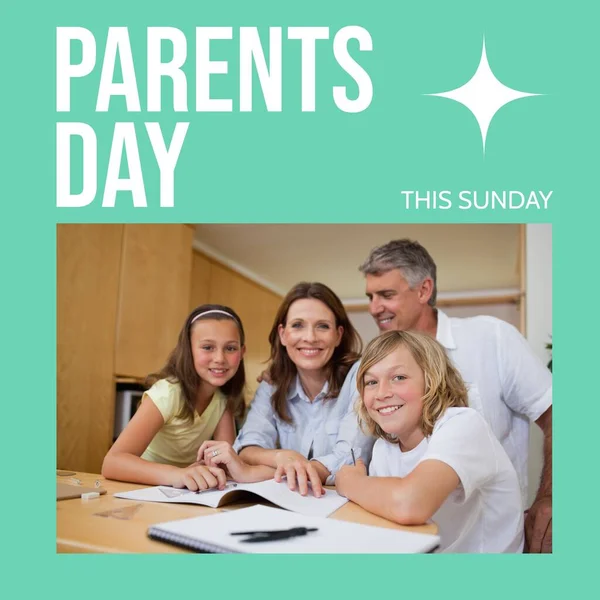 Parents Day Sunday Text Green Happy Caucasian Parents Daughter Son — Stock Photo, Image