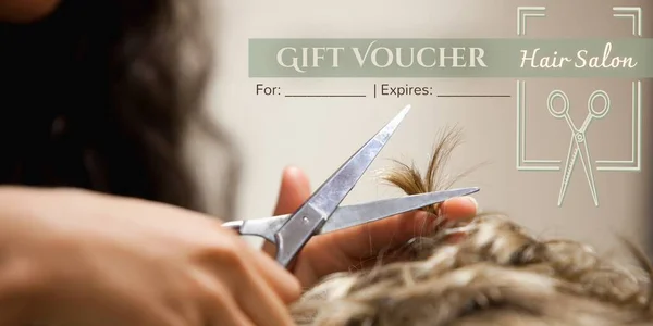 Composition Gift Voucher Text Female Hairdresser Giving Caucasian Man Haircut — Stock Photo, Image