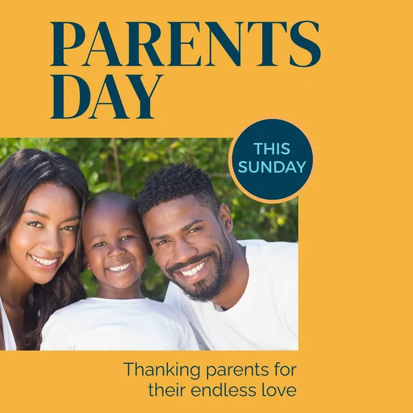 Parents day this sunday text on yellow with happy african american parents and son outside. Celebration, thanking parents for their endless love campaign digitally generated image.