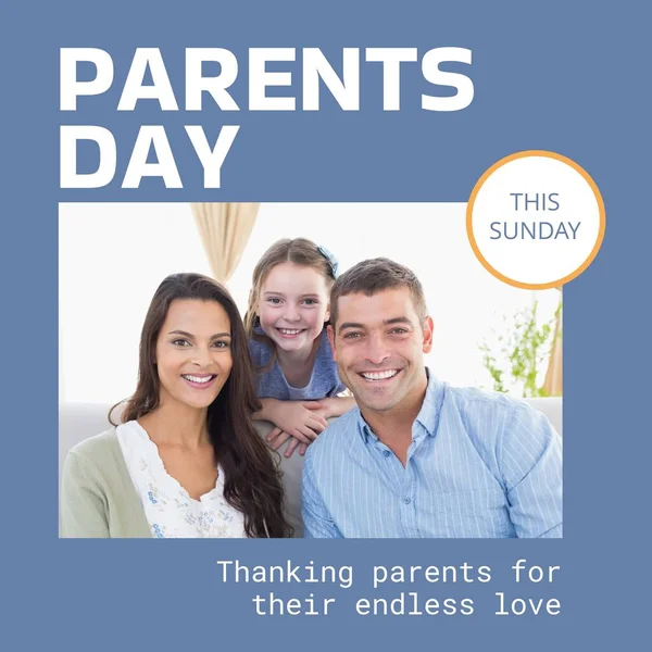 这周日的父母日 蓝色的文字 与快乐的高加索父母和女儿在家里的肖像 庆祝活动 感谢父母用数字方式制作的无休止的爱情活动图像 — 图库照片