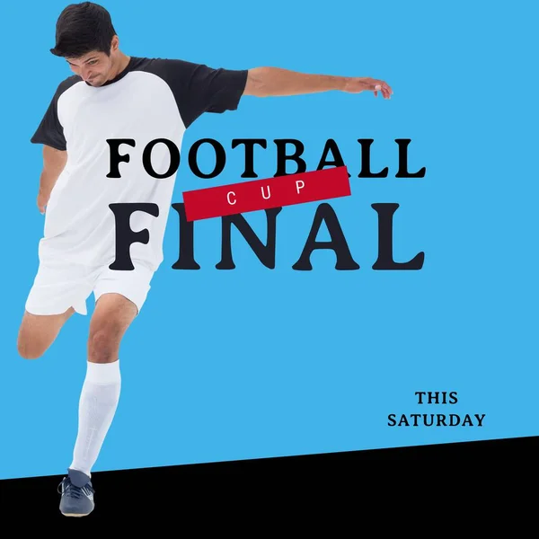 足球杯决赛文本与白人男性足球运动员在蓝色背景下踢腿的组合 足球联赛决赛 这个星期六 比赛理念 — 图库照片
