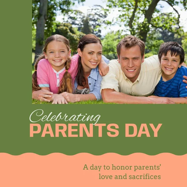 Celebrating parents day text with happy caucasian parents, daughter and son lying in park. Celebration of parenthood, a day to honor parents\' love and sacrifices campaign digitally generated image.
