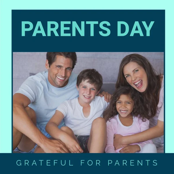 Parents Day Grateful Parents Text Portrait Happy Caucasian Parents Children — Stock Photo, Image