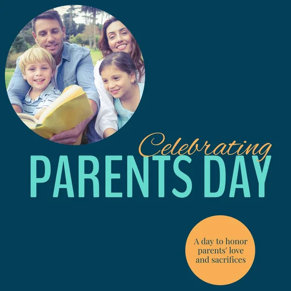Celebrating parents day text with happy caucasian parents, son and daughter reading outside. Celebration of parenthood, a day to honor parents\' love and sacrifices campaign digitally generated image.