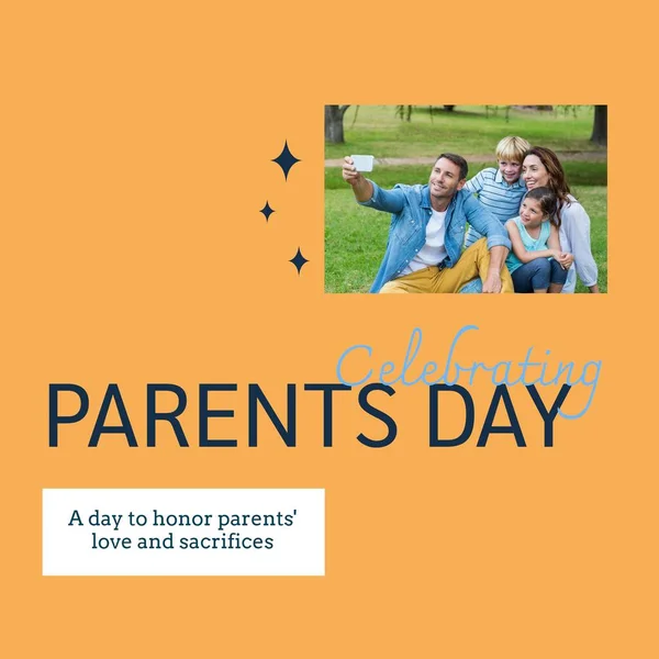 Celebrating parents day text with happy caucasian parents and children taking selfie in park. Celebration of parenthood, a day to honor parents\' love and sacrifices campaign digitally generated image.