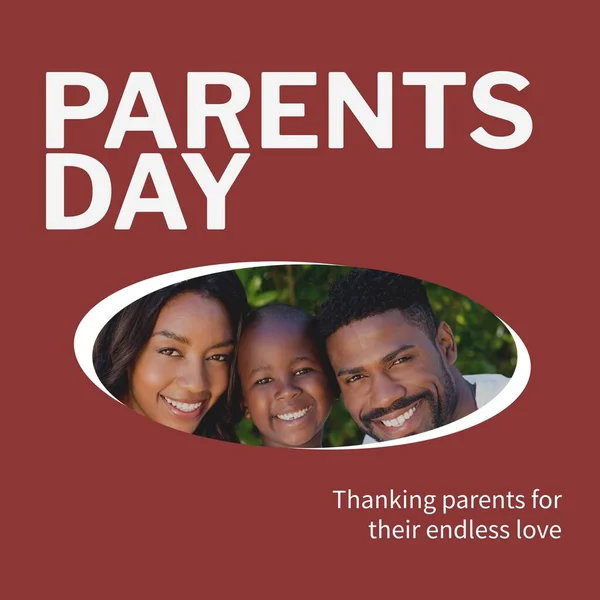 Parents day text on red with portrait of happy african american parents and son outside. Celebration, thanking parents for their endless love campaign digitally generated image.