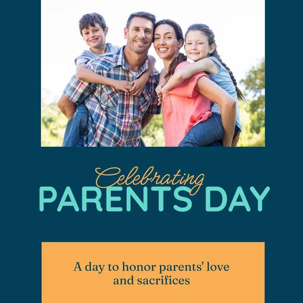 Güneşli Parkta Çocukları Taşıyan Mutlu Beyaz Ebeveynlerle Ebeveynler Günü Mesajları — Stok fotoğraf