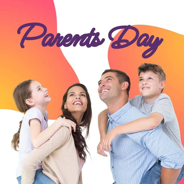 Parents Day Text White Orange Happy Caucasian Parents Piggybacking Daughter — Stock Photo, Image