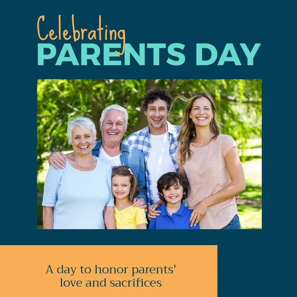 Celebrating parents day text with happy caucasian three generation family in sunny park. Celebration of parenthood, a day to honor parents\' love and sacrifices campaign digitally generated image.