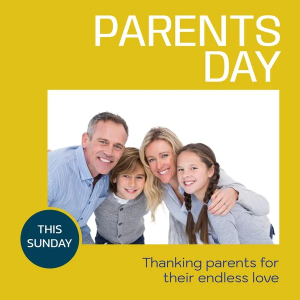 Parents Day Sunday Text Yellow Portrait Happy Caucasian Parents Son — Stock Photo, Image