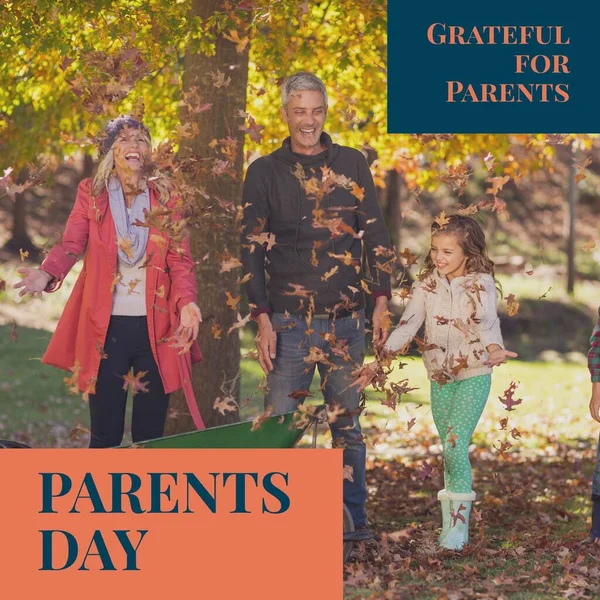 Grateful for parents, parents day text with happy caucasian parents and daughter in autumn park. Parents day, celebration of parenthood, appreciation campaign digitally generated image.