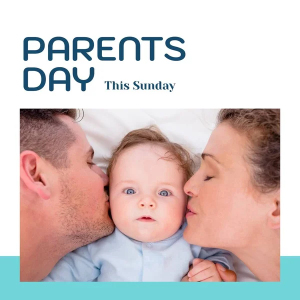 Parents Day Sunday Text White Happy Caucasian Parents Kissing Baby — Stock Photo, Image