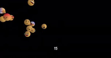 Animation of emoji icons and numbers over black background. Global social media, digital interface and data processing concept digitally generated video.