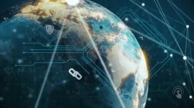 Animation of data processing over globe and circuit board. Global business, finances, computing and data processing concept digitally generated video.
