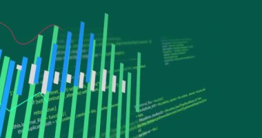 Yeşil arka planda finansal veri işleme animasyonu. Küresel iş, finans, dijital arayüz, hesaplama ve veri işleme kavramı dijital olarak oluşturulmuş video.