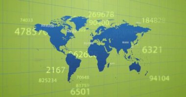 Animation of financial data processing over world map on green background. Global business, finances, computing and data processing concept digitally generated video.