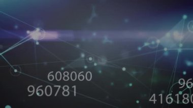 Bağlantılar ağının animasyonu, değişen sayılar ve siyah arkaplana karşı ışık yolları. Küresel ağ ve iş teknolojisi kavramı