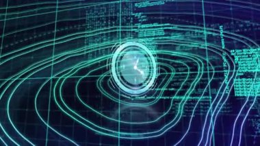 Arka planda bilgisayar diline karşı sarmal desen üzerinde dijital saatin animasyonu. Dijital olarak üretilmiş, hologram, illüstrasyon, soyut, kodlama ve teknoloji konsepti.