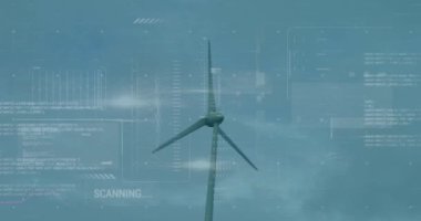 Veri işleme ile arayüzün animasyonu ve mavi gökyüzüne karşı dönen yel değirmeninin üzerindeki ışık noktası. Bilgisayar arayüzü ve yenilenebilir enerji teknolojisi kavramı