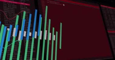 Siyah arkaplan üzerinden finansal veri işleme animasyonu. Küresel iş, finans, dijital arayüz, hesaplama ve veri işleme kavramı dijital olarak oluşturulmuş video.