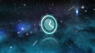 Yıldızlar üzerinde dijital saatin canlandırılması ve soyut arka planda mercek parlamaları. Dijital olarak üretilmiş, hologram, illüstrasyon, aydınlatma, zaman, uzay, galaksi ve teknoloji kavramı.