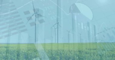 Mavi gökyüzüne karşı çayırlarda dönen yel değirmenleri üzerinde istatistiksel veri işleme animasyonu. Yenilenebilir enerji ve iş veri teknolojisi kavramı