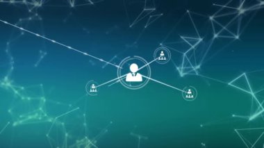 Yeşil gradyan arkaplandaki bağlantı ağı üzerinden profil simgeleri ağının canlandırılması. Küresel ağ ve iş teknolojisi kavramı