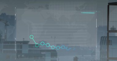 Şehir manzarası üzerinde istatistiksel veri işleme animasyonu. Küresel finans, bilgisayar arayüzü ve iş veri teknolojisi kavramı dijital olarak oluşturulmuş video.