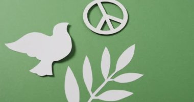 Barış işareti, yaprak ve yeşil arka planda kopyalama alanı olan beyaz güvercini kapatın. Barış ve savaş karşıtı hareket kavramı.