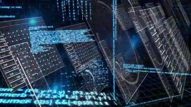 Animation of financial data processing and scope over black background. Global business, finances, digital interface, computing and data processing concept digitally generated video.