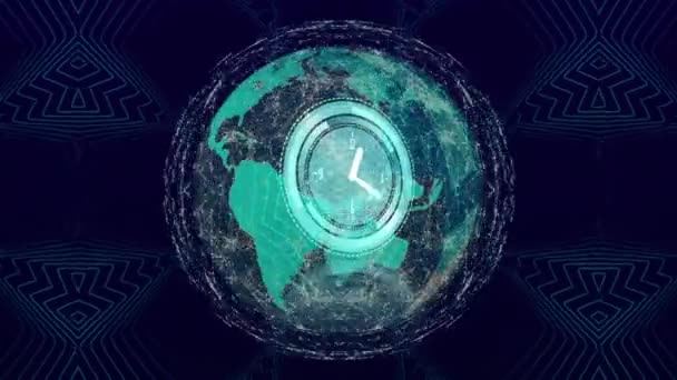 Animation Horloge Numérique Sur Des Points Connectés Autour Globe Contre — Video