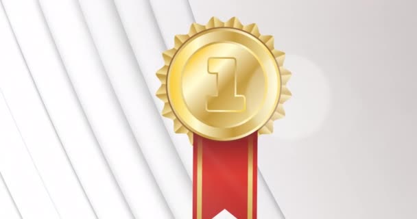 ホワイトストライプ上の金メダルにナンバーワンのアニメーション チャンピオンシップ メダルコンセプトデジタル生成ビデオ — ストック動画
