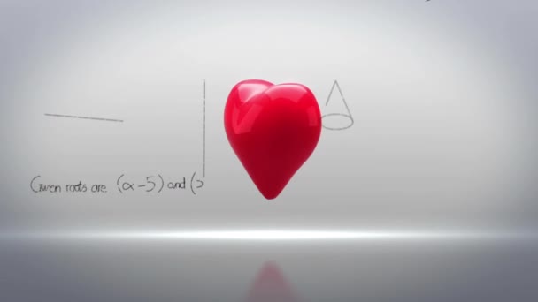 Animación Ecuaciones Matemáticas Flotando Sobre Iconos Rojos Del Corazón Girando — Vídeo de stock