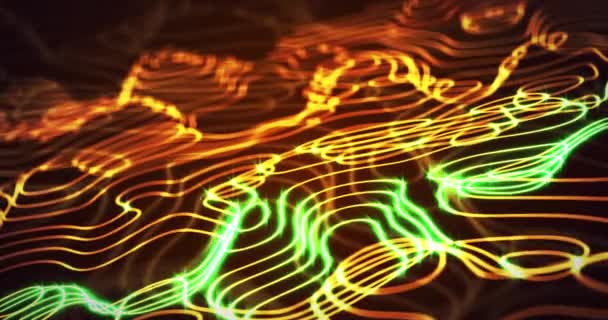 在深色背景上移动的黄色和绿色发光等高线的动画 技术和数据概念数字生成视频 — 图库视频影像