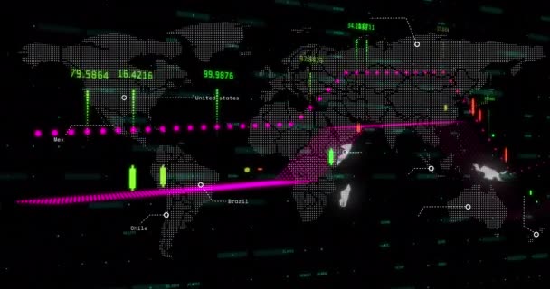 Dünya Haritasında Finansal Veri Işleme Animasyonu Küresel Dijital Arayüz Hesaplama — Stok video