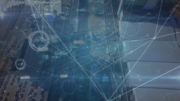 Animation Network Connections Data Processing Aerial View Cityscape Global Networking — Vídeo de Stock