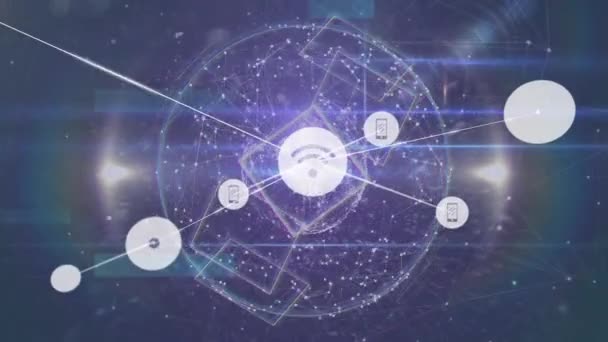 接続と虹のレンズフレアのネットワーク上のデジタルアイコンのネットワークのアニメーション グローバルネットワークとビジネステクノロジーのコンセプト — ストック動画