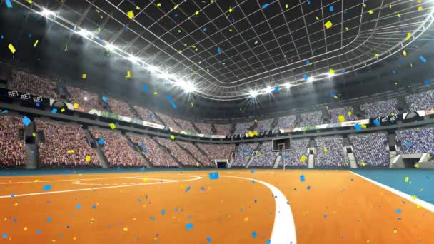 Spor Stadyumunun Üzerine Düşen Konfeti Animasyonu Küresel Spor Kutlama Kazanma — Stok video