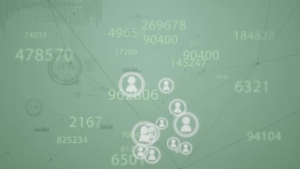 Animação Rede Conexões Mudando Números Ícones Perfil Contra Fundo Verde — Vídeo de Stock