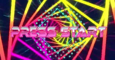 Neon tüneli üzerinden başlat metninin canlandırması. Dijital olarak oluşturulmuş küresel video oyunu, bilgisayar ve veri işleme kavramı.