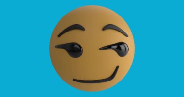 Mavi arka planda gülümseyen emoji simgesinin animasyonu. Dijital olarak oluşturulmuş küresel sosyal medya, dijital arayüz ve veri işleme kavramı.