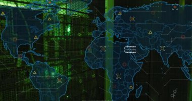 Animation of financial data processing over world map and computer servers. Global business, finances, computing and data processing concept digitally generated video.