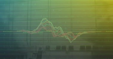 Şebeke ve şehir dışında finansal veri işleme animasyonu. Küresel iş, bilgisayar, dijital arayüz ve veri işleme kavramı dijital olarak oluşturuldu.